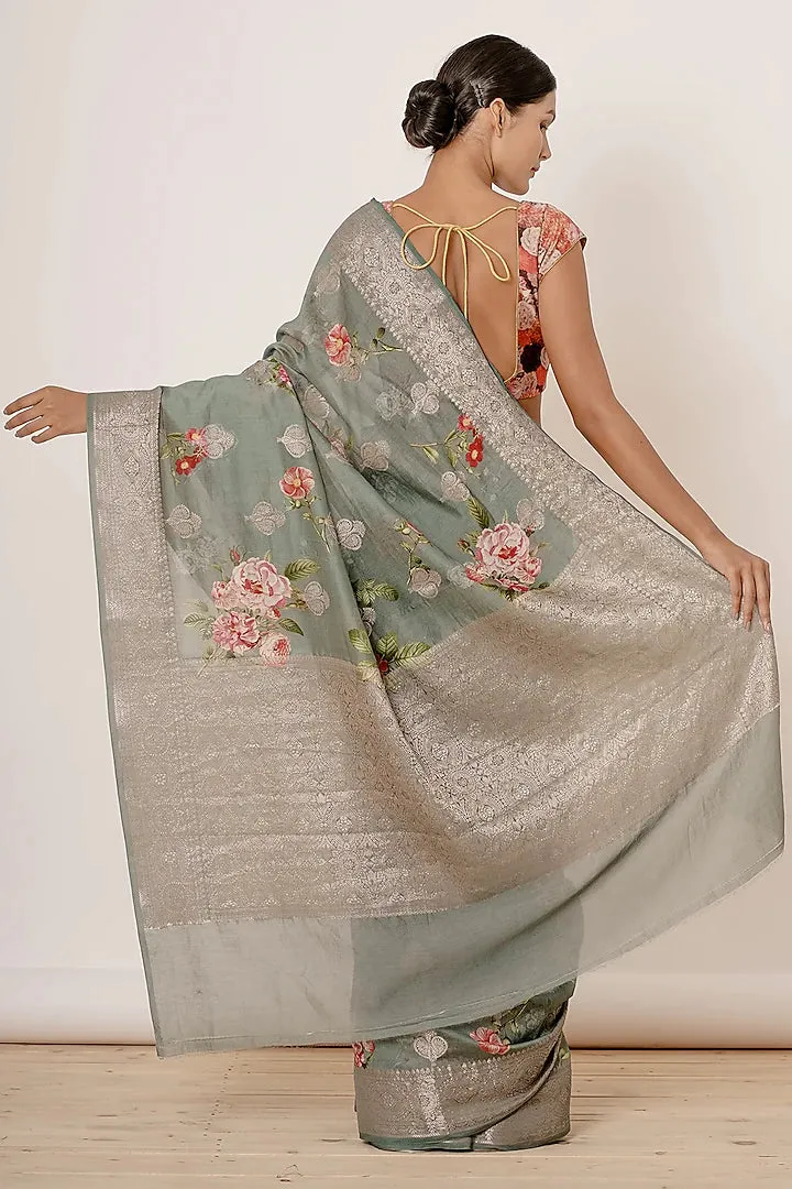 Grey & Dusty Blue Saree Set