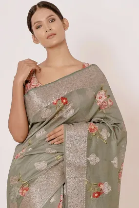 Grey & Dusty Blue Saree Set