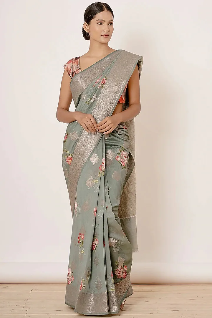 Grey & Dusty Blue Saree Set