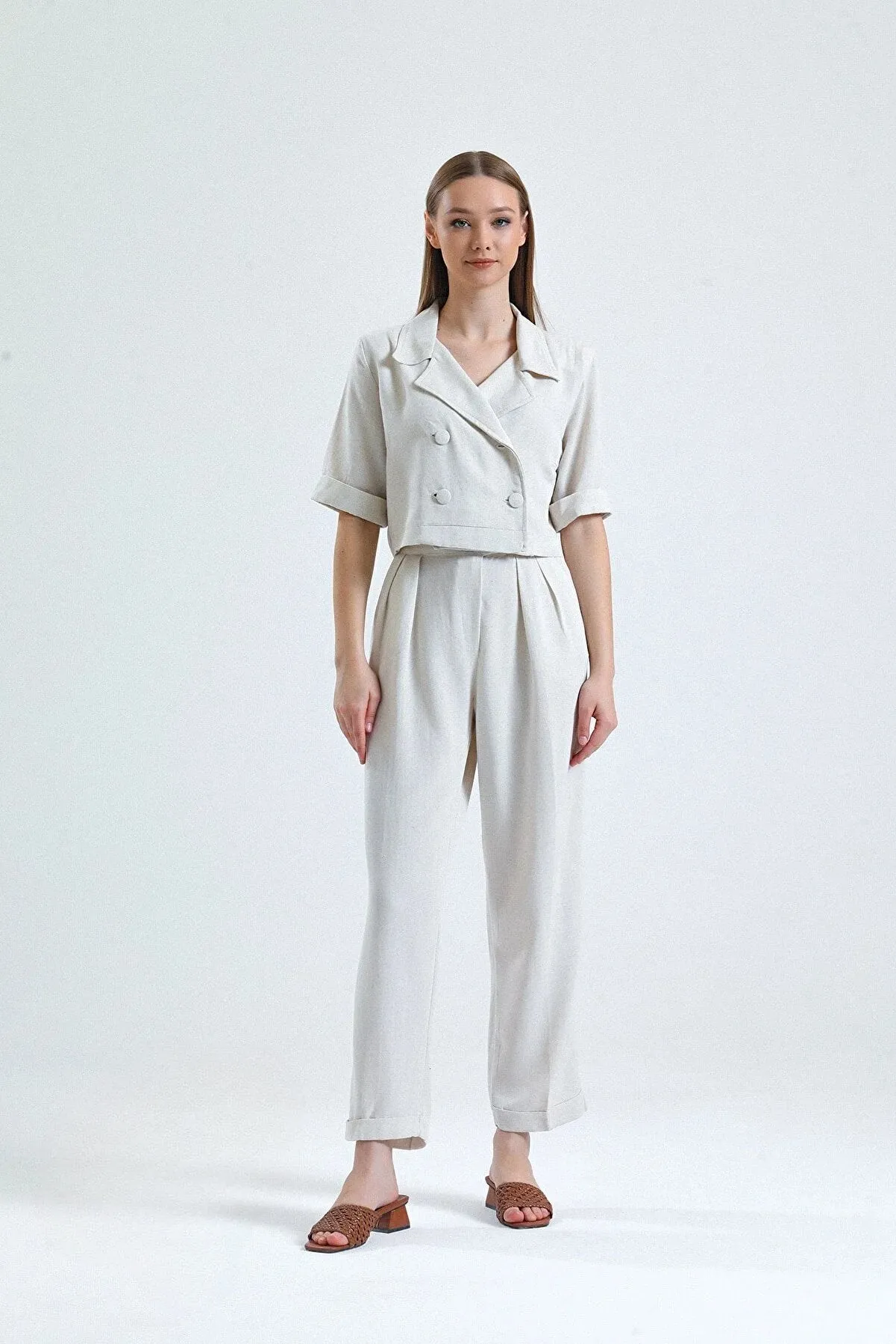 High Waist Plicated Detail Tailored Pants with Folded Hem - Beige