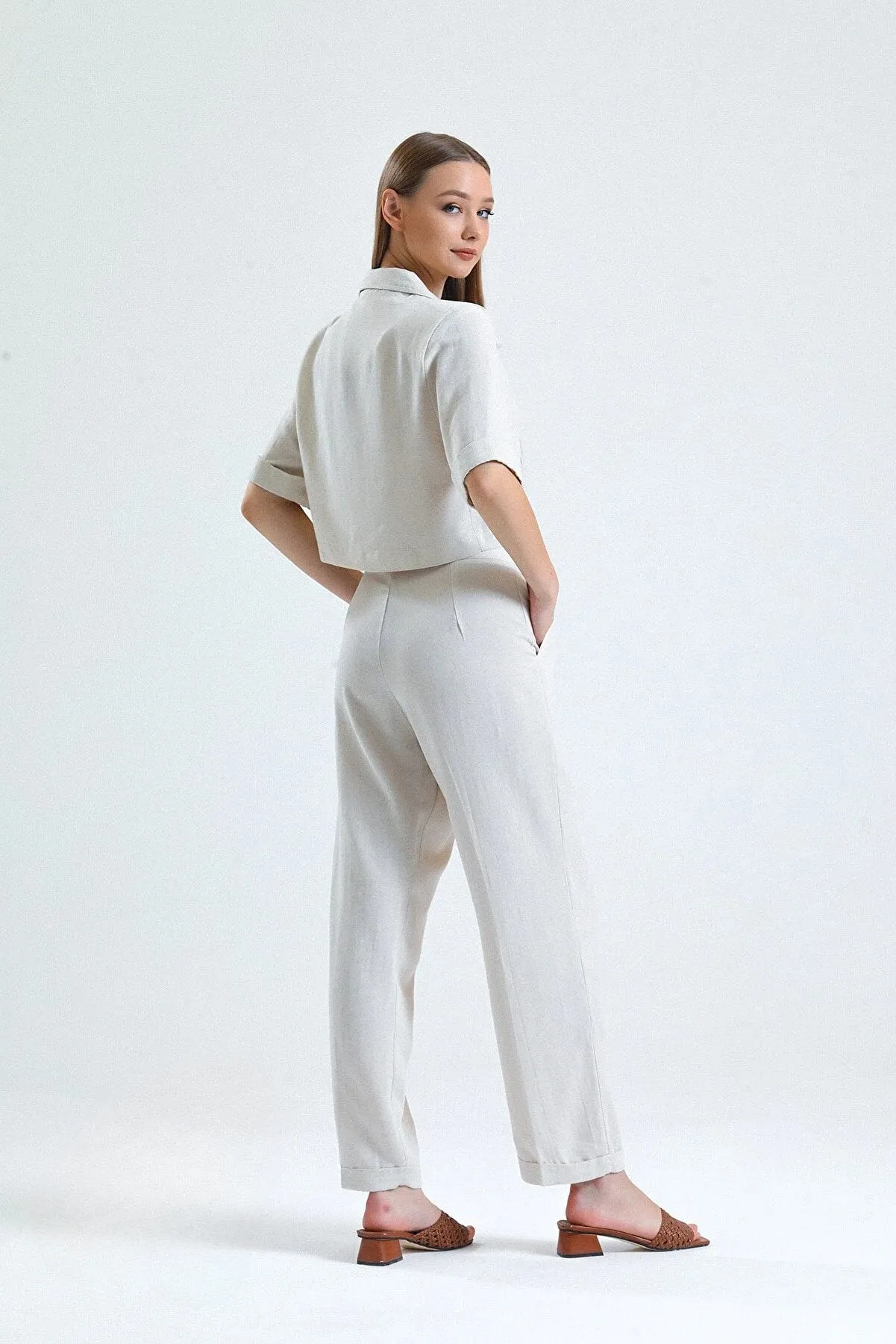 High Waist Plicated Detail Tailored Pants with Folded Hem - Beige