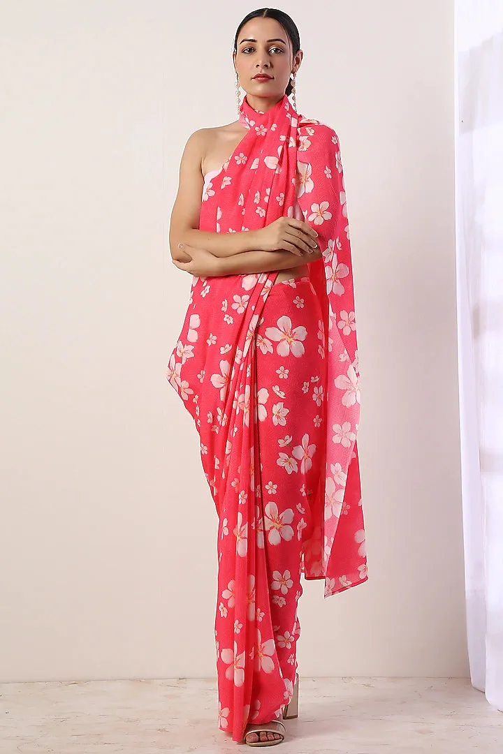 Hot Pink Printed Saree Set