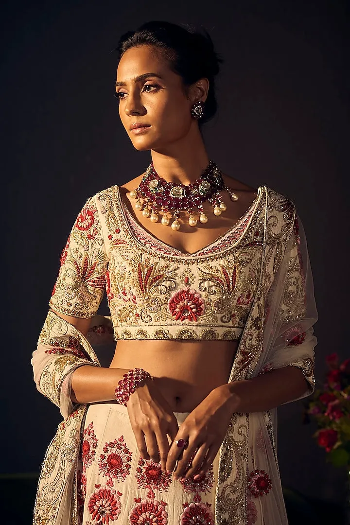 Ivory & Red Floral Lehenga Set