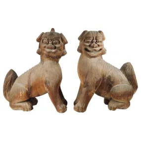 Japanese Momoyama Carved Wooden Shinto Temple Lion Dog Figures