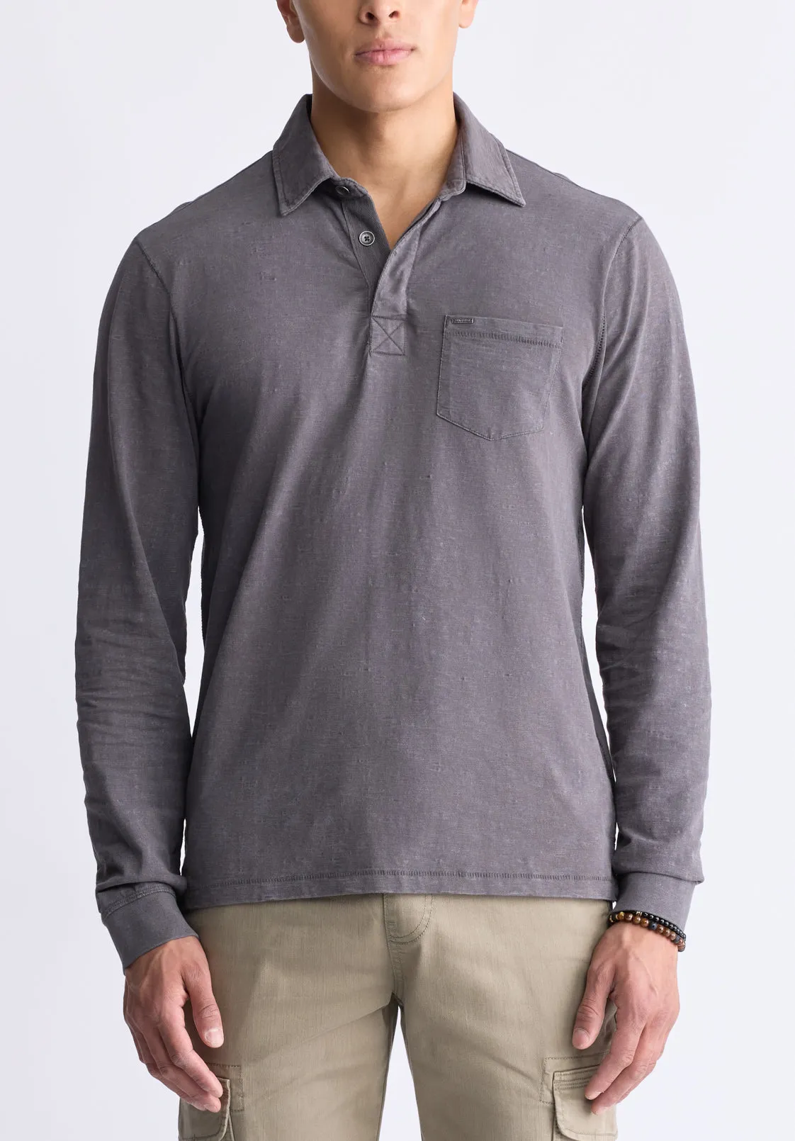 Kimmy Men's Long-Sleeve Polo with Pocket, Charcoal - BM24378