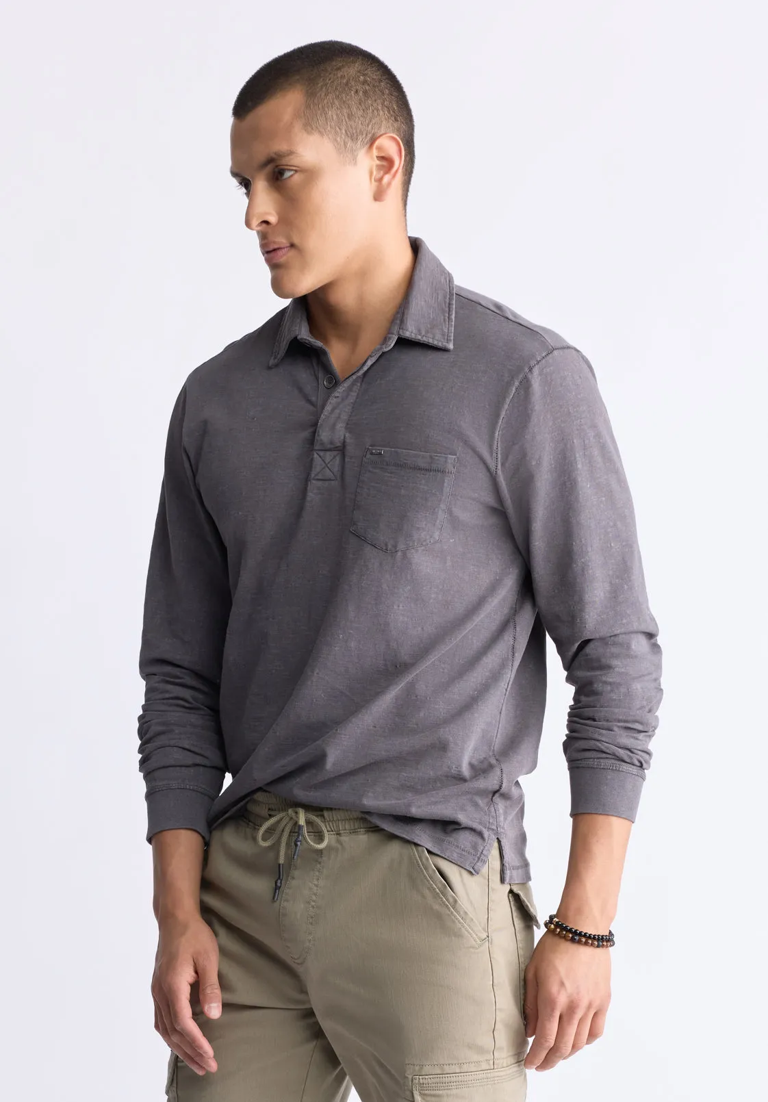 Kimmy Men's Long-Sleeve Polo with Pocket, Charcoal - BM24378