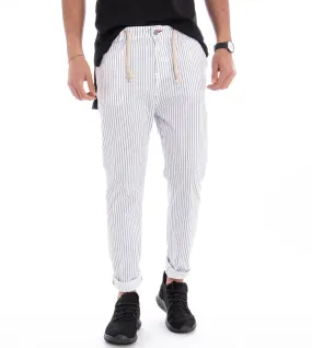 Pantaloni Uomo Tasca America Slim Bianco Rigato Righe Cavallo Basso Casual GIOSAL-P2334A