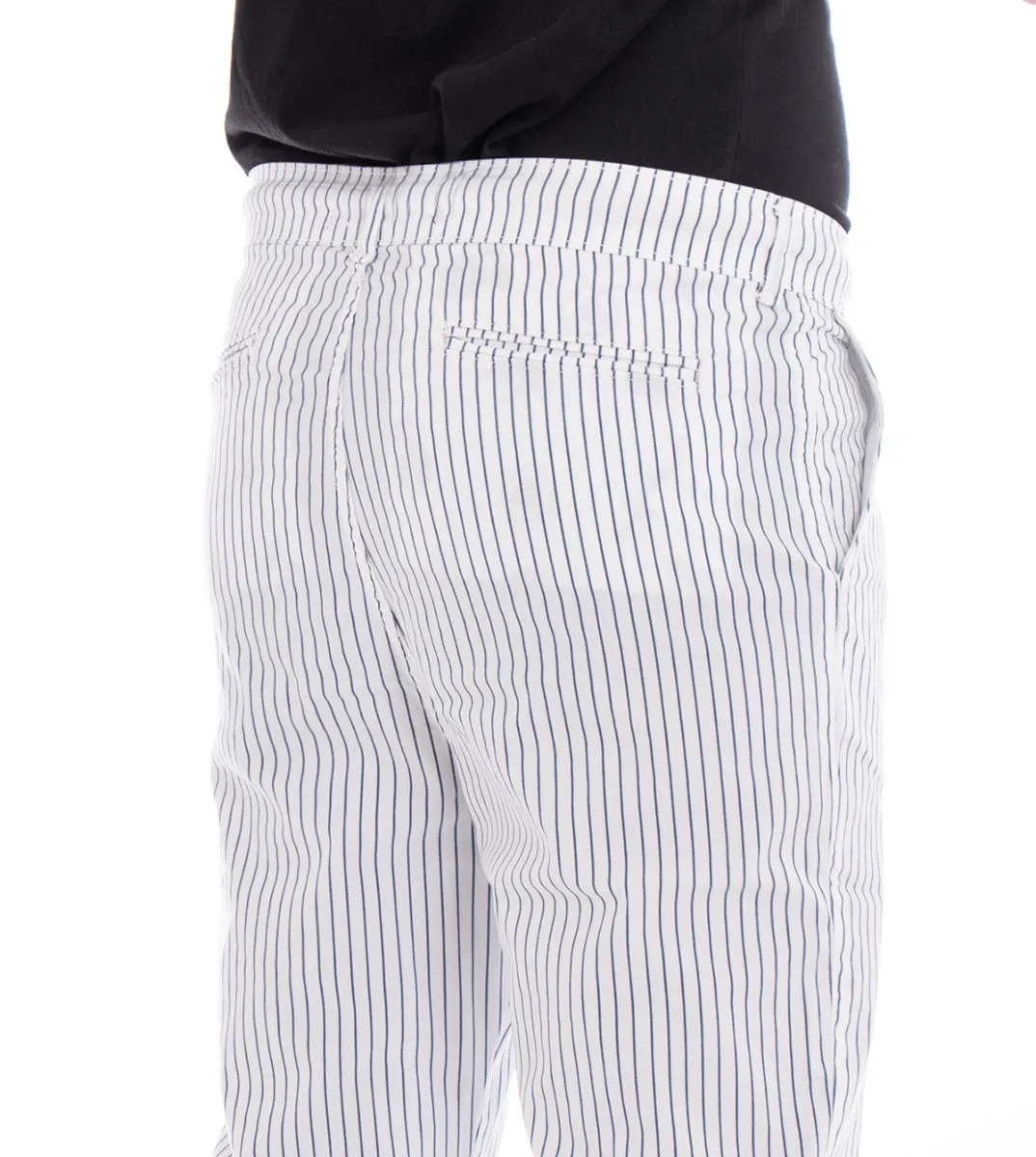 Pantaloni Uomo Tasca America Slim Bianco Rigato Righe Cavallo Basso Casual GIOSAL-P2334A