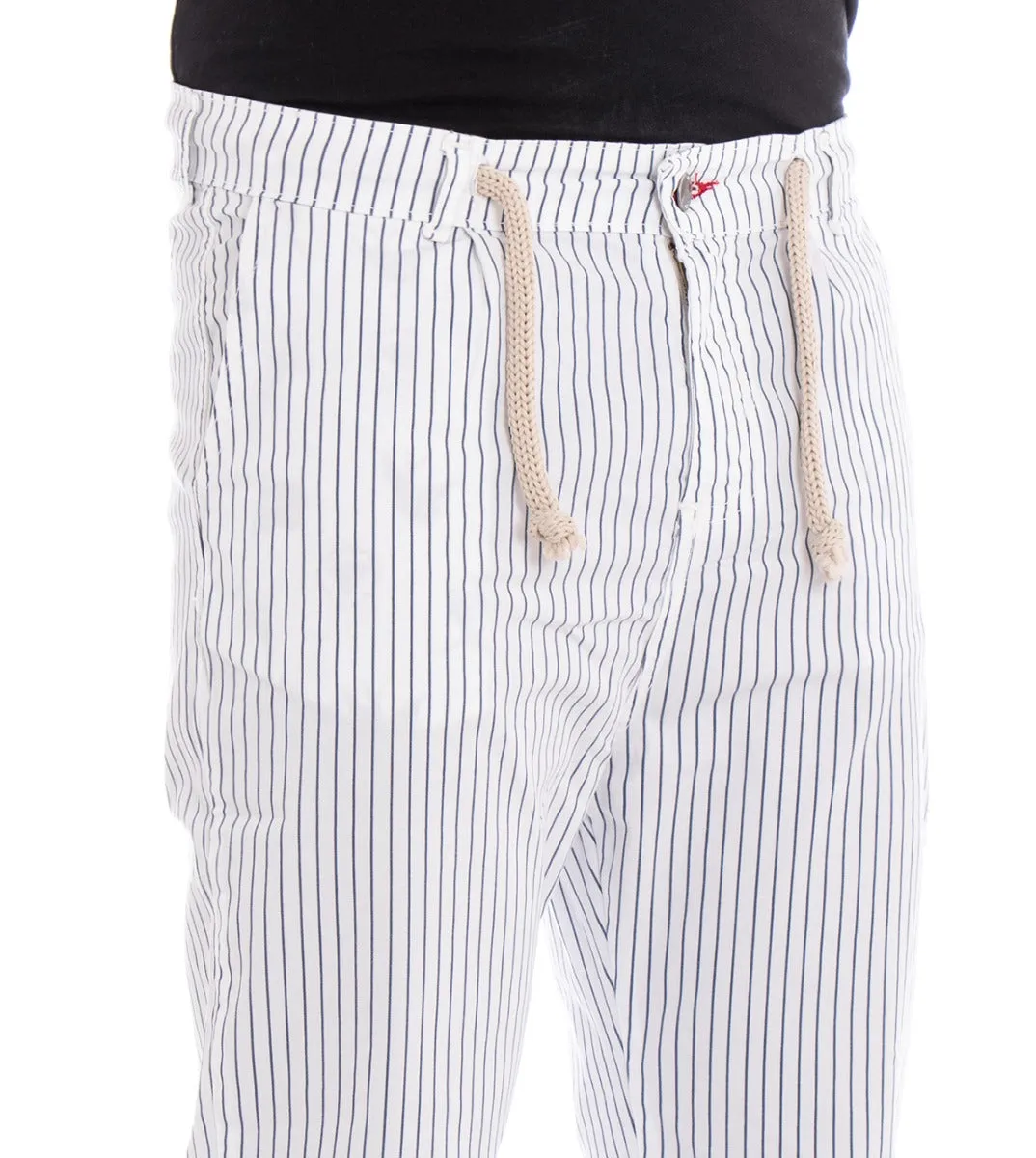 Pantaloni Uomo Tasca America Slim Bianco Rigato Righe Cavallo Basso Casual GIOSAL-P2334A