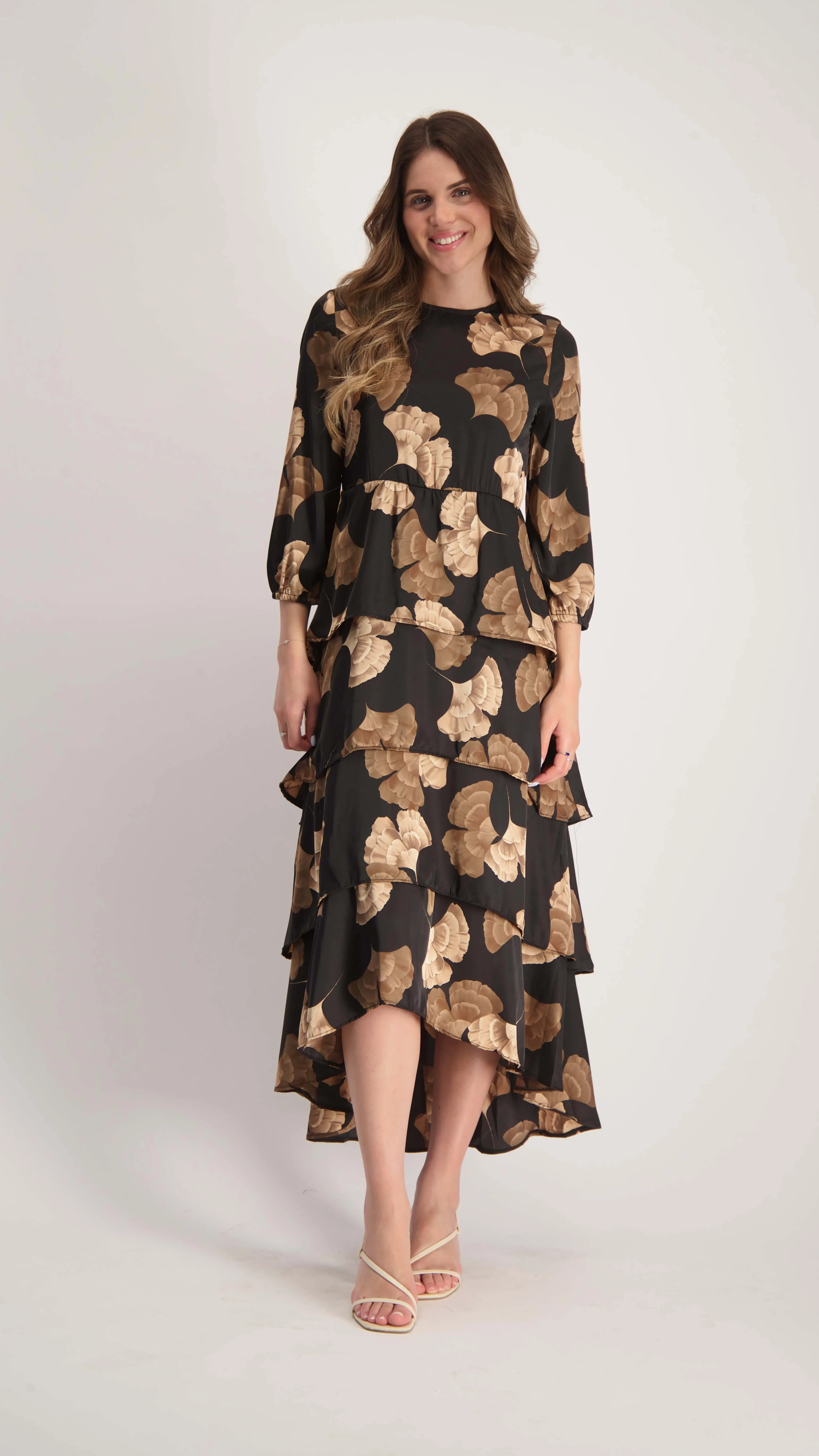 Ruffle Layers Dress / Black & Beige Flowers