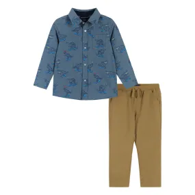 Skateboarding Dino Chambray Buttondown Set  | Blue