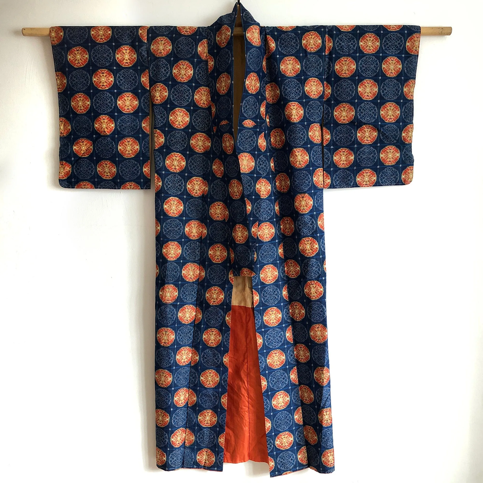 Vintage Japanese Kimono Pure Silk Fully Lined Blue & Orange Ikat Long Kimono