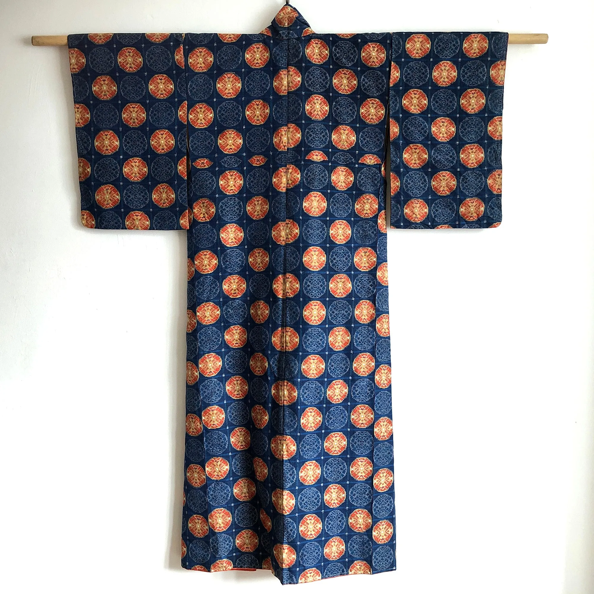 Vintage Japanese Kimono Pure Silk Fully Lined Blue & Orange Ikat Long Kimono