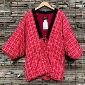 Vintage Kimono Hanten Red Plaid Tartan Padded Quilted Kimono Jacket