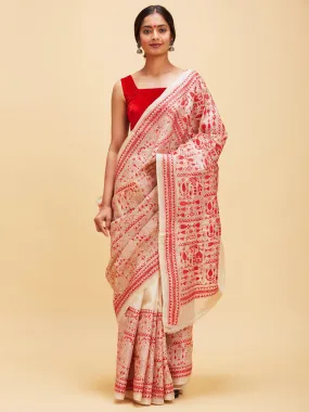 White and Red Kantha Stitch Saree